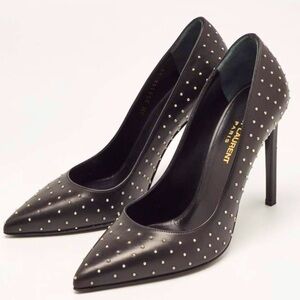SAINT LAURENT YSL  Black Studded Leather Pointed Toe Pumps
